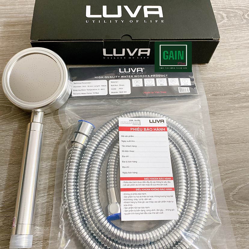 Combo vòi hoa sen tăng áp Luva VS4 kèm dây sen Luva, inox 304, lõi đồng, dài 1.5m, BH 1 năm đổi lỗi 30 ngày