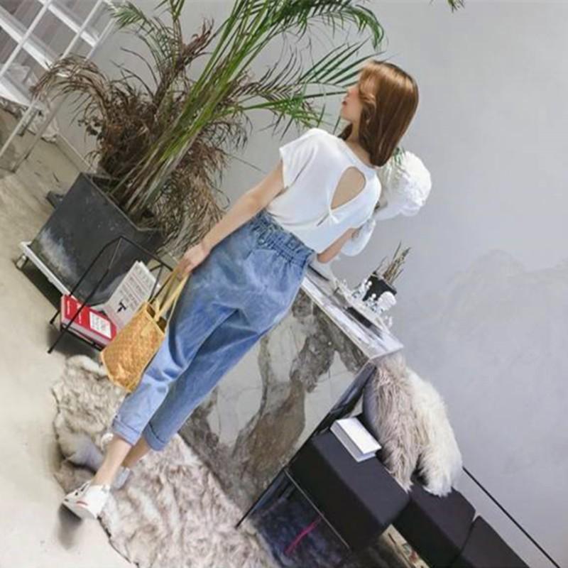 Quần jean dài ống rộng có dây rút thời trang cho nữ