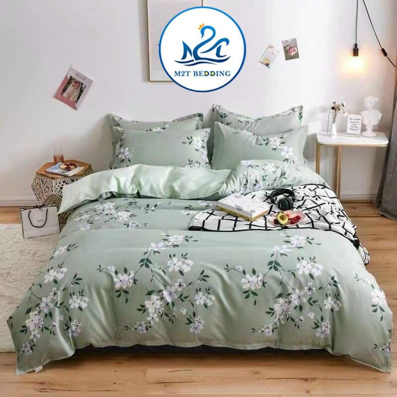 Bộ chăn ga gối Cotton poly M2T Bedding Hoa mai trắng, vỏ chăn mền, drap nệm và 2 vỏ gối