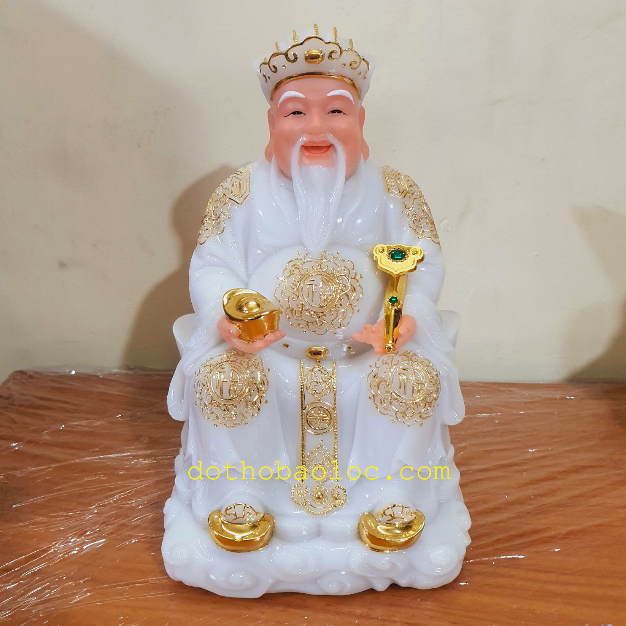 Cặp tượng thần tài ông địa đá cao cấp nhập khẩu Đài Loan màu trắng cao 25cm