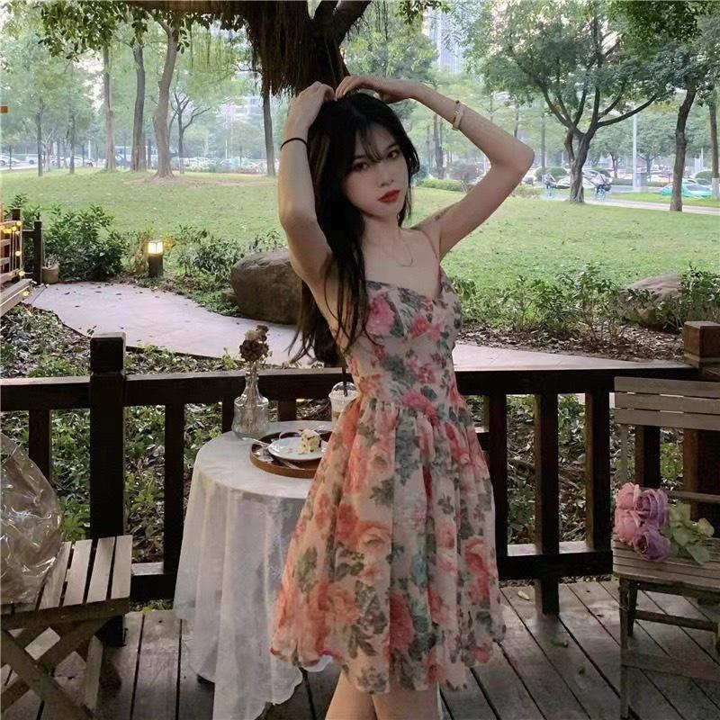 Váy nữ đầm vintage sang chảnh hai dây eo cao hoa hồng mùa hè siêu xinh Pasana0002v