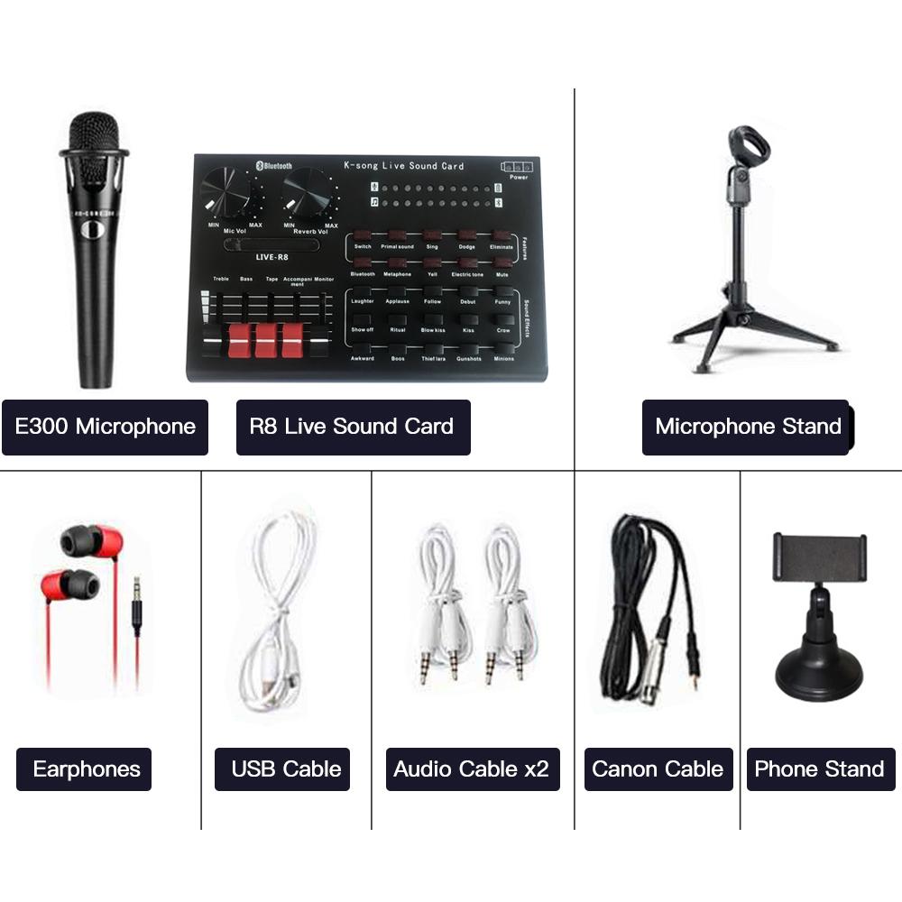 R8 Live Sound Card + Milk Bottle Microphone Pink + Earphones + Shock Mount + Microphone Tripod Stand + 6Inch Filling