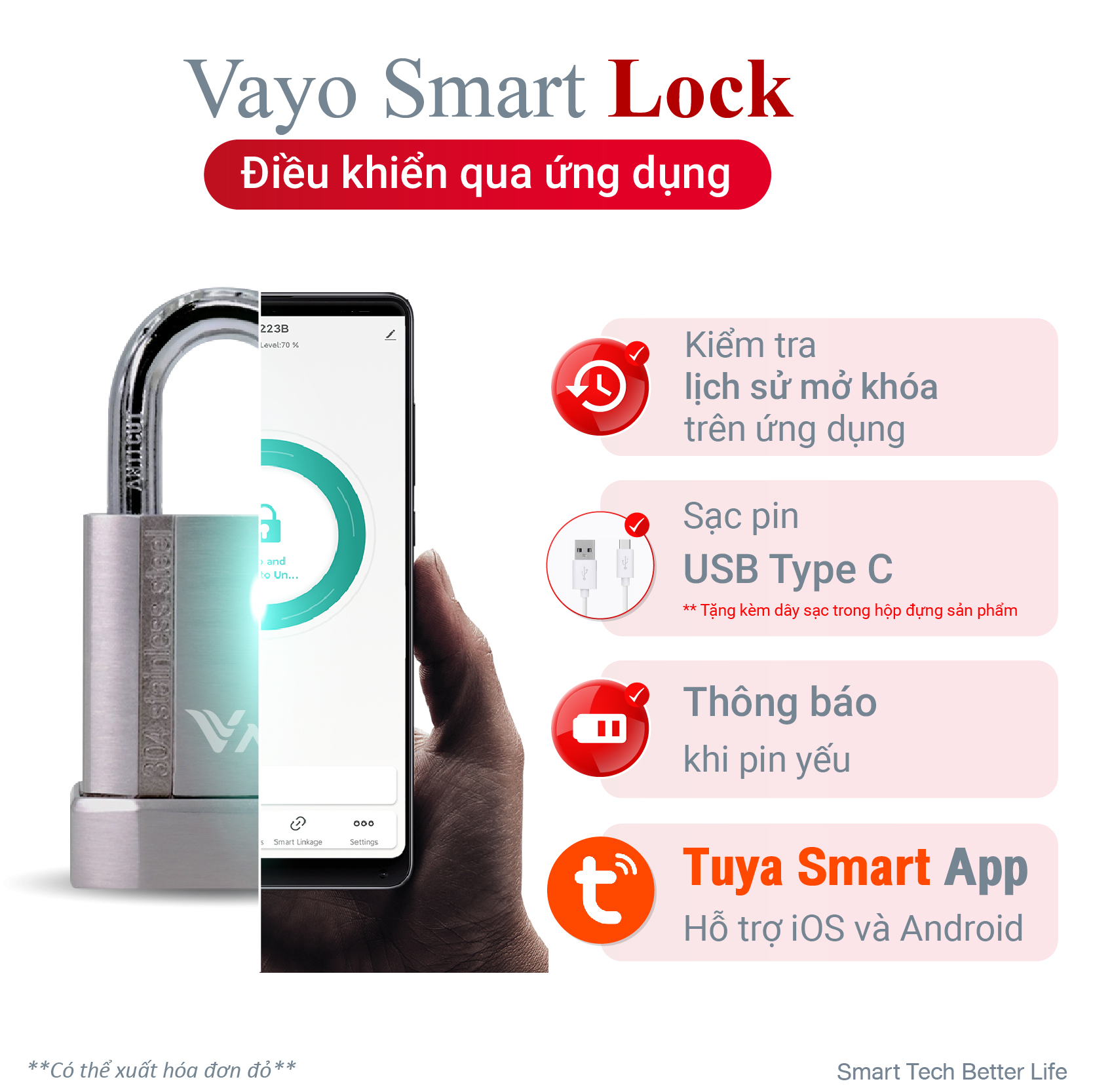 Khóa vân tay chống trộm thông minh Vayo Smart Lock - Thép SUS 304 siêu bền chắc, điều khiển qua ứng dụng