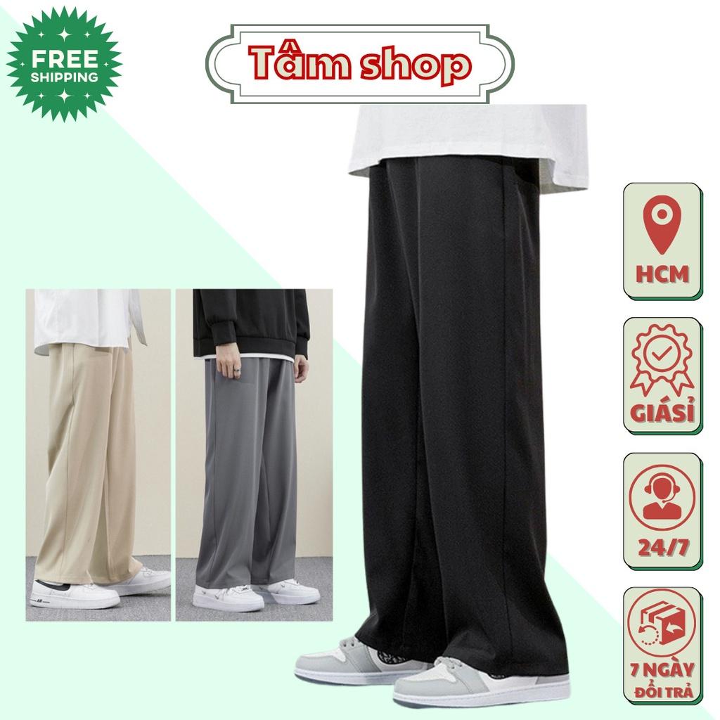 Quần Poly Nam Nữ Ống Rộng Dáng Công Sở Thiết Kế Lưng Thun Ba Màu Đen, Kem , Xám - TÂM SHOP