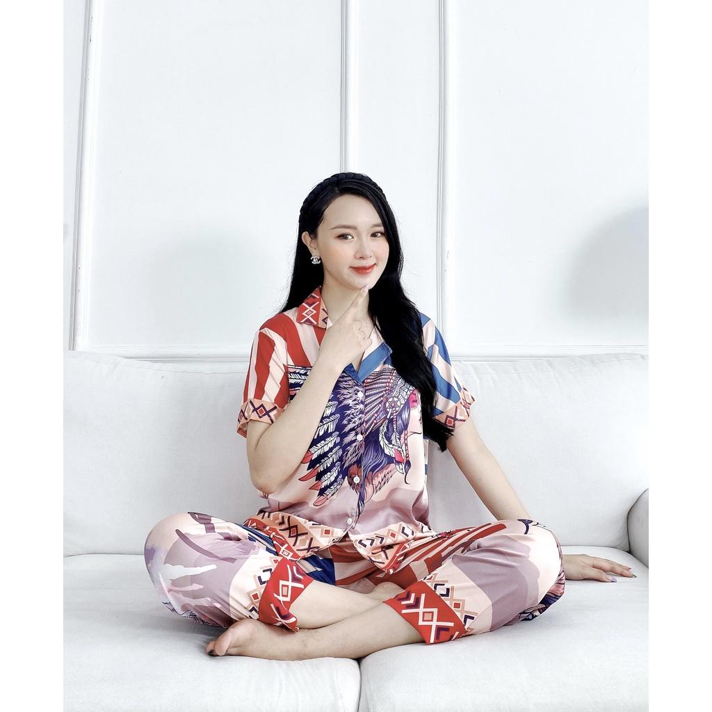 Set bộ Pijama nữ quần dài ống suông rộng và áo tay ngắn in họa tiết vải lụa latin cao cấp - HMN Fashion