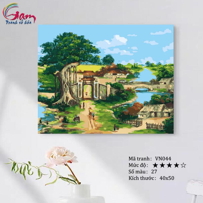 Tranh tô màu theo số phong cảnh làng quê Việt Nam mới lọ màu to 5ml + 2 bộ cọ + khung 2.5cm VN044