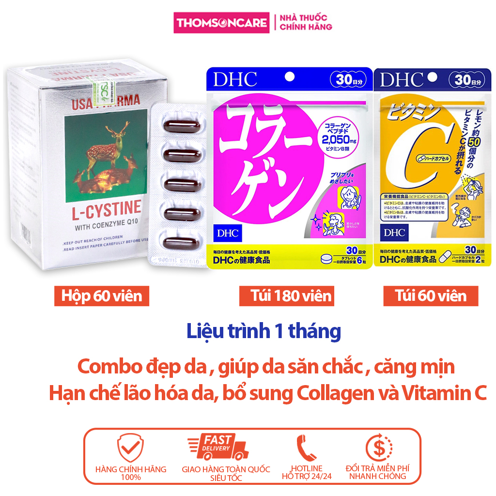 Combo đẹp da Collagen DHC 180v, Vitamin C DHC 60v, Lcystine 60v ( Liệu trình 1 tháng) - Gảm lão hóa , giúp tóc chắc khỏe , da mịn màng , Bổ sung Collagen và Vitamin C - Thomsoncare