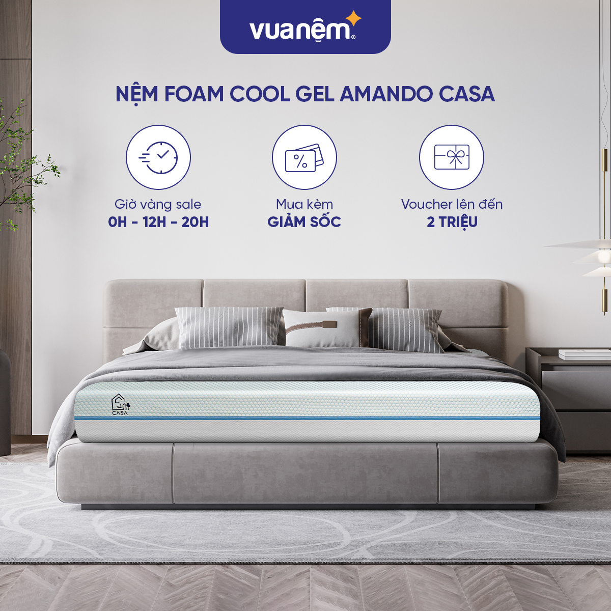 Nệm Foam cuộn hút chân không cao cấp Amando Casa - Cool gel memory foam - Êm ái, thoáng mát, điều hoà thân nhiệt