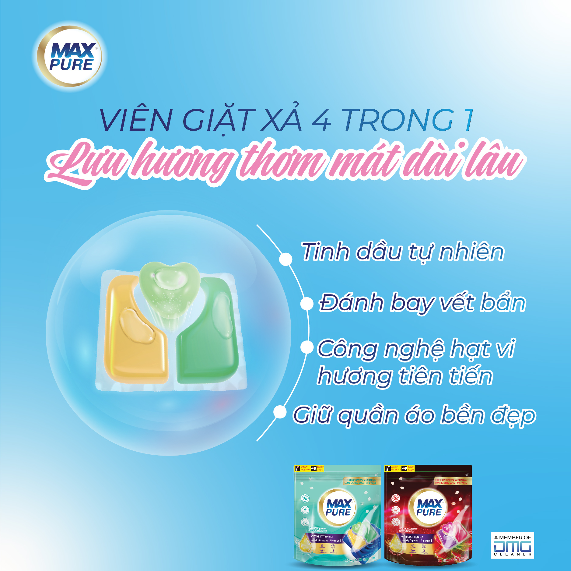 Túi 30 Viên Giặt Tiện Lợi Max Pure 4in1- Công Nghệ Carezyme Hương Đắm Say