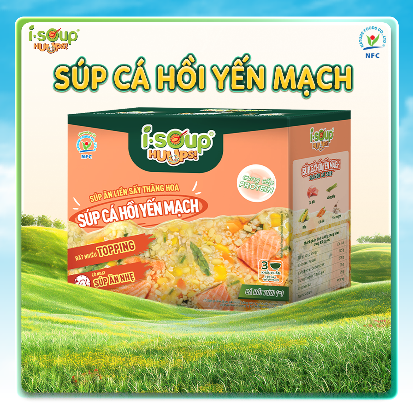 Súp Cá Hồi Yến Mạch Ăn Liền ISOUP HUUPS Ngon,Dinh Dưỡng,Tiện Lợi (Hộp X 3 Viên) - Súp Ăn Liền Sấy Thăng Hoa