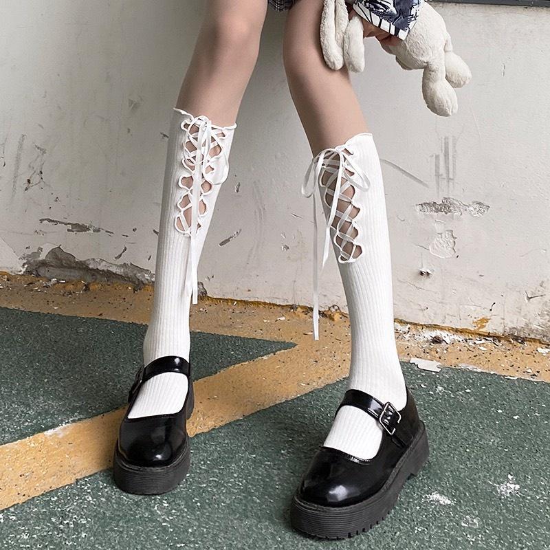 Vớ/ Tất nữ cotton LOLITA buộc dây mảnh Tất nữ dài dưới gối mềm mại