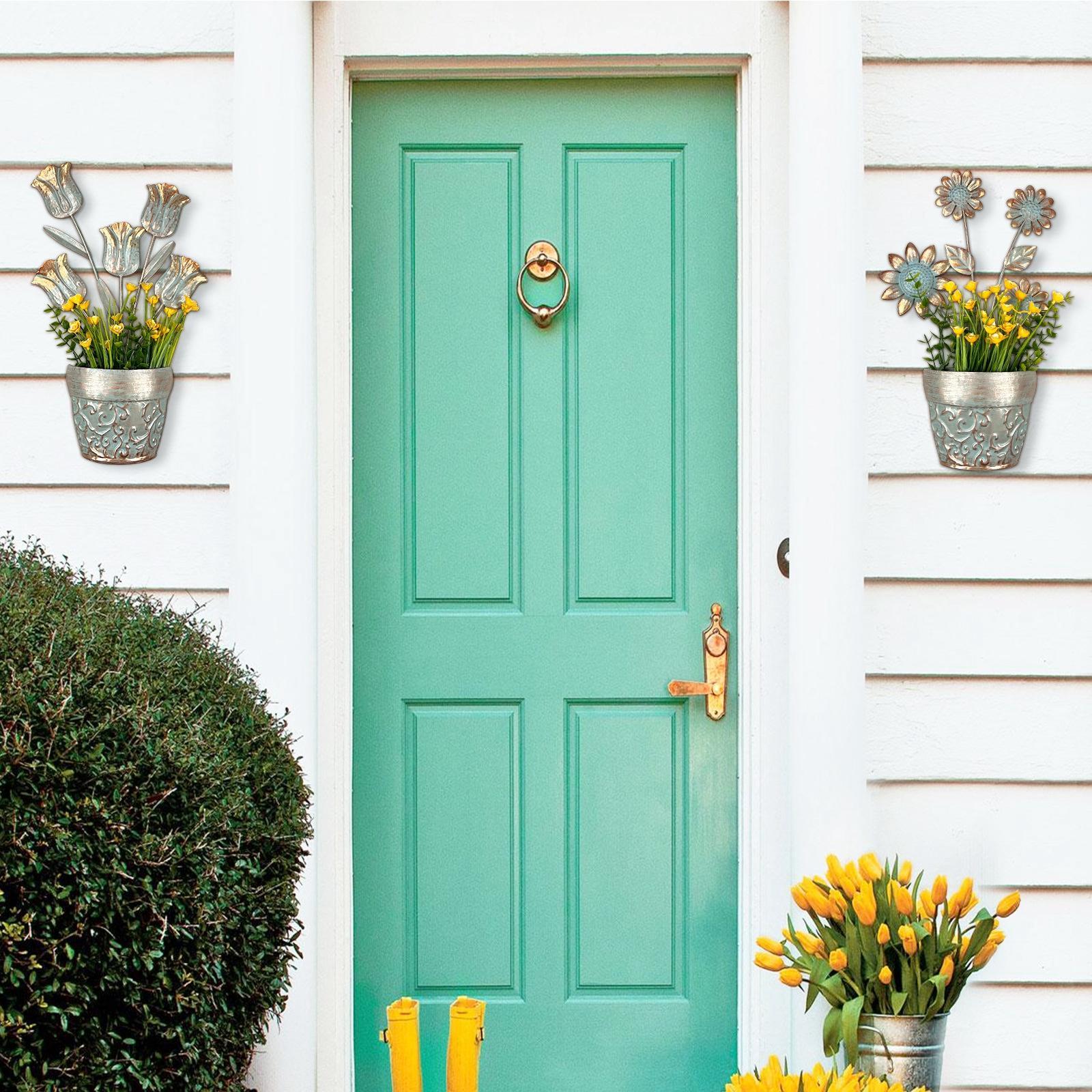 2Pcs Flower Pot Sculptures Yard Backyard Lawn Flower Metal Wall Art Decors