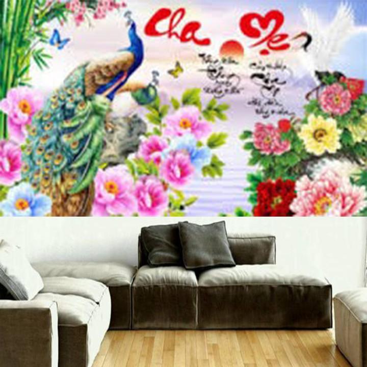 Tranh thêu cha mẹ công xanh LV3438 - kích thước: 75 * 45cm.