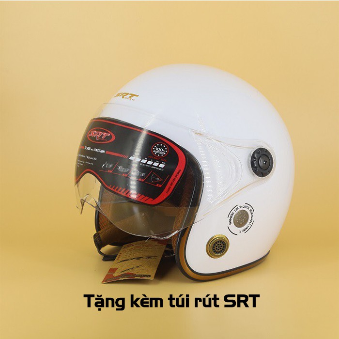Mũ bảo hiểm 3/4 SRT Viền Đồng Kính Liền Thông Gió Lót Nâu Trắng Bóng - Mũ Bảo Hiểm Chính Hãng Cao Cấp