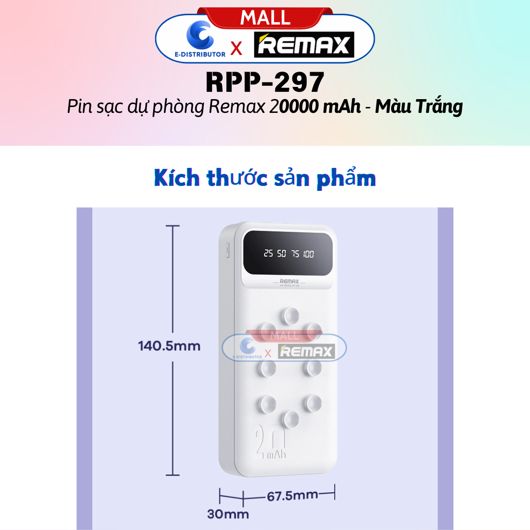 Pin sạc dự phòng Remax RPP-297 20000mAh - Hàng Chính Hãng - Bảo Hành 12 Tháng