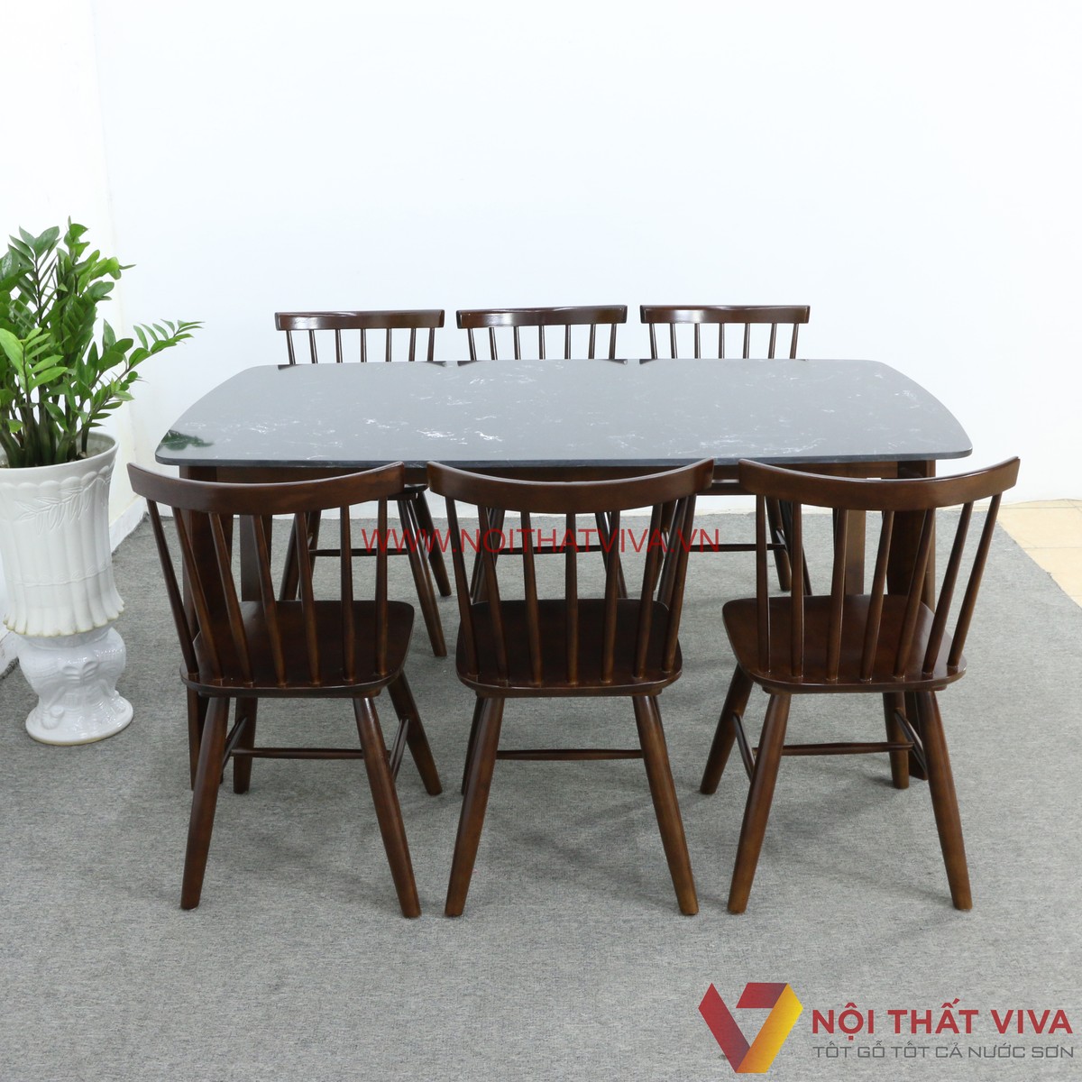 Bộ Bàn Ăn Mặt Đá 6 Ghế Giá Rẻ Gỗ Cao Su Chân Vát Đẹp Hiện Đại