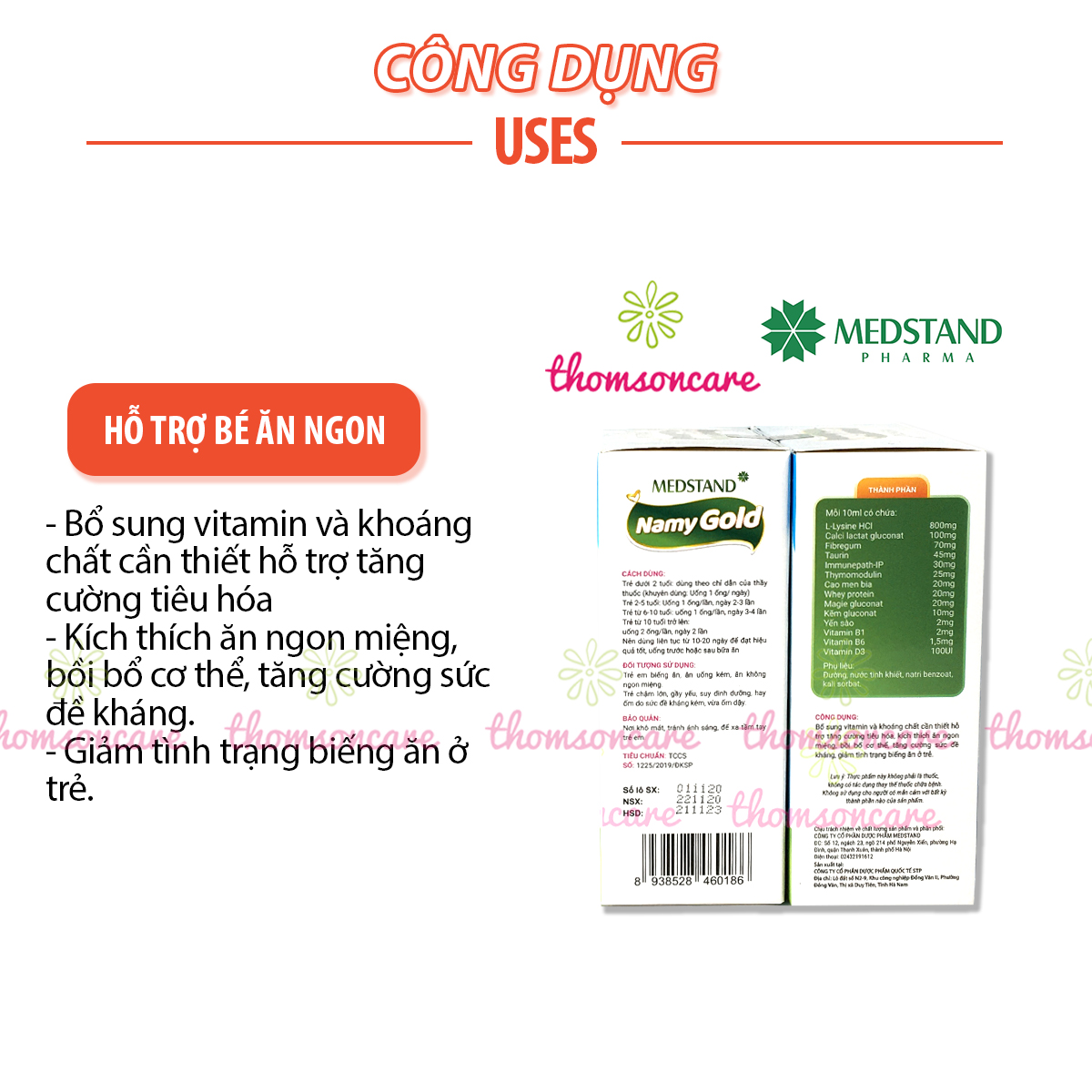 Siro ăn ngon cho bé - Medstand Namy Gold - Hộp 20 ống uống tiện dụng, giúp trẻ tăng sức đề kháng, tăng cường tiêu hóa