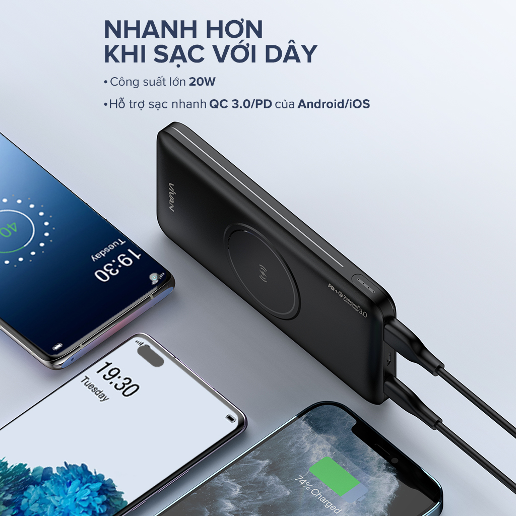 Pin Dự Phòng Không Dây VIVAN VPB-W11 Sạc Nhanh 15W 10000mAh Output Chuẩn QC/PD - Hàng Chính Hãng