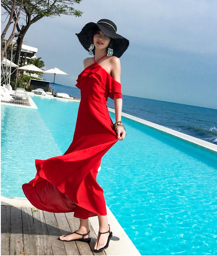 Hàng Quảng Châu - Đầm maxi voan đỏ cổ yếm tay rớt phong cách tiểu thư siêu xinh - D143290