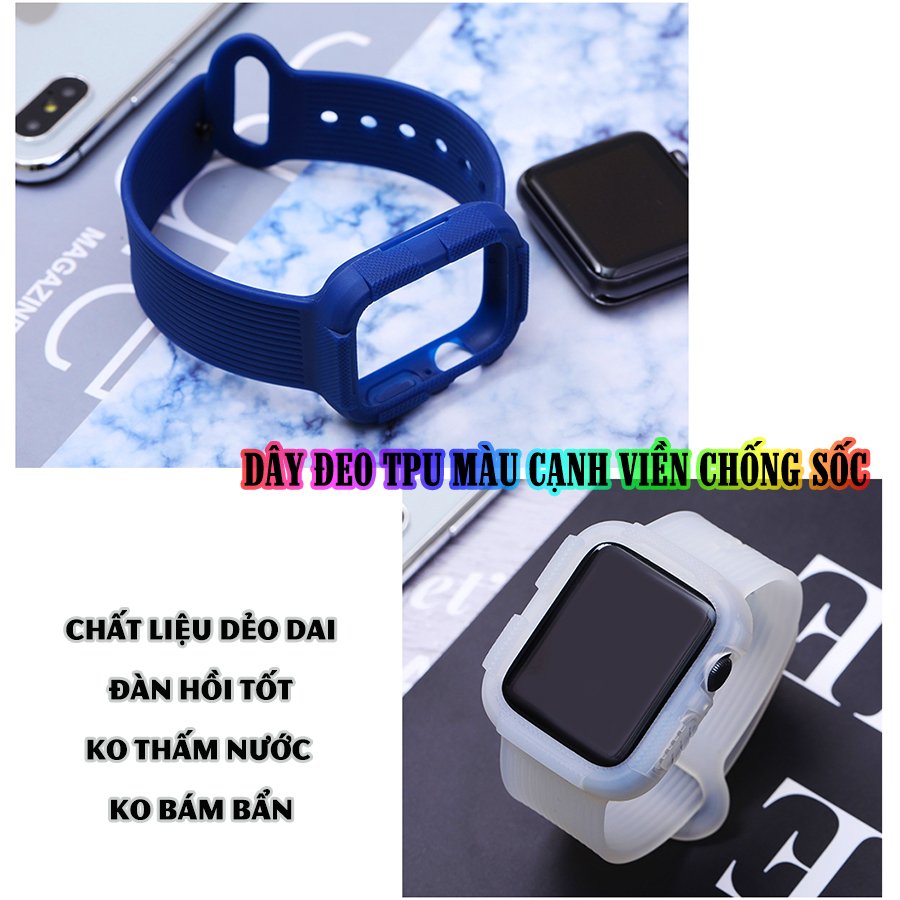 Dây Đeo liền ốp dành cho Apple Watch size 38/40/42/44mm TPU màu cạnh viền chống sốc - Đen (tặng dán KCL theo size)