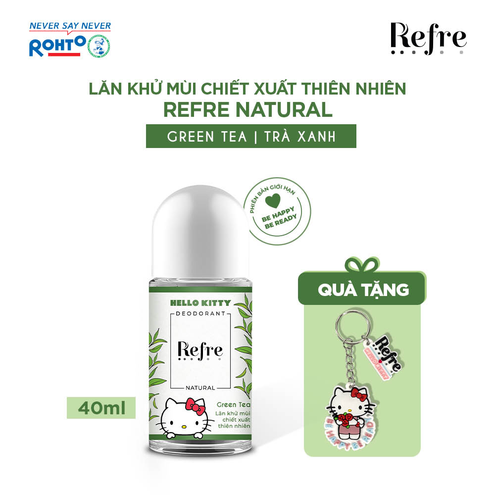 Lăn khử mùi Refre Natural Green Tea Hương Trà Xanh 40ml (Phiên bản Hello Kitty giới hạn) + Tặng móc khóa Hello Kitty xinh xắn