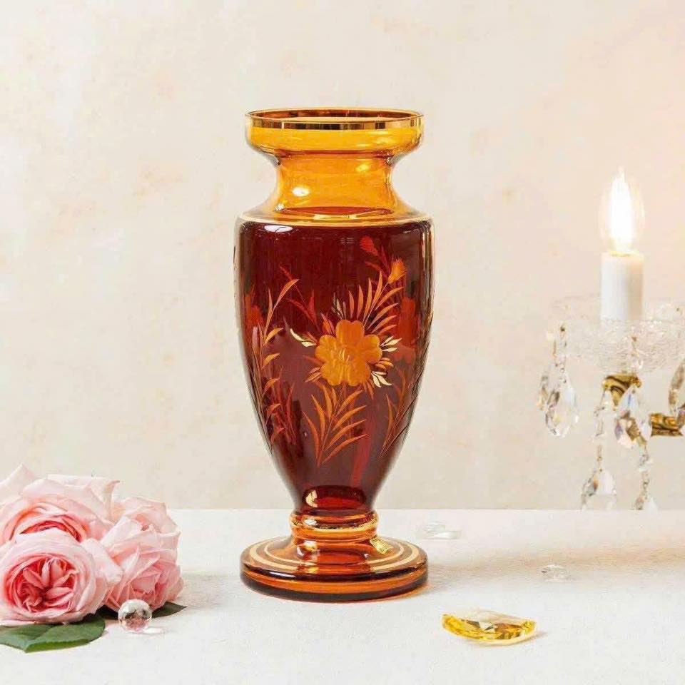 Lọ hoa pha lê Tiệp Khắc màu hổ phách Hàng chính hãng