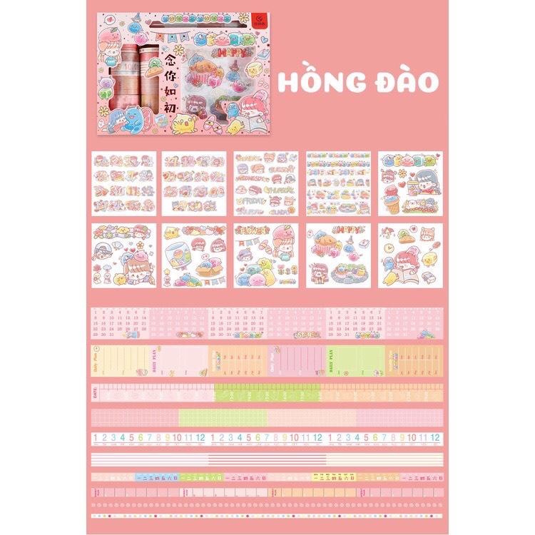 Hộp 19 Washi Tape Kèm 10 Miếng dán Sticker đẹp 10x10cm, kèm 1 bút cắt băng dính dán và ticker chuyên dùng giá siêu rẻ