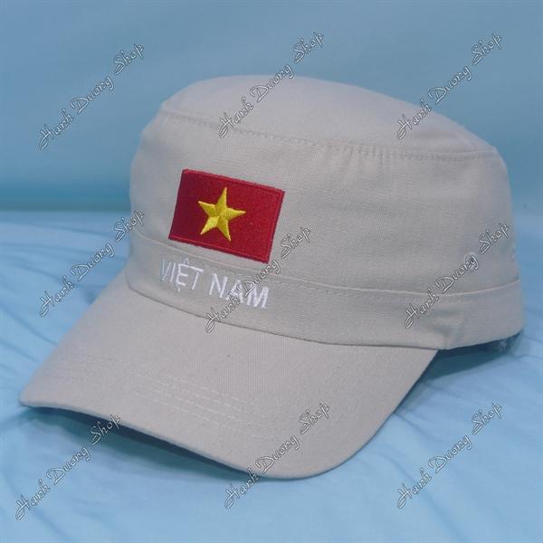 Nón lính mũ lưỡi trai đầu bằng thêu chữ Việt Nam phía sau khóa dán - Kem trắng