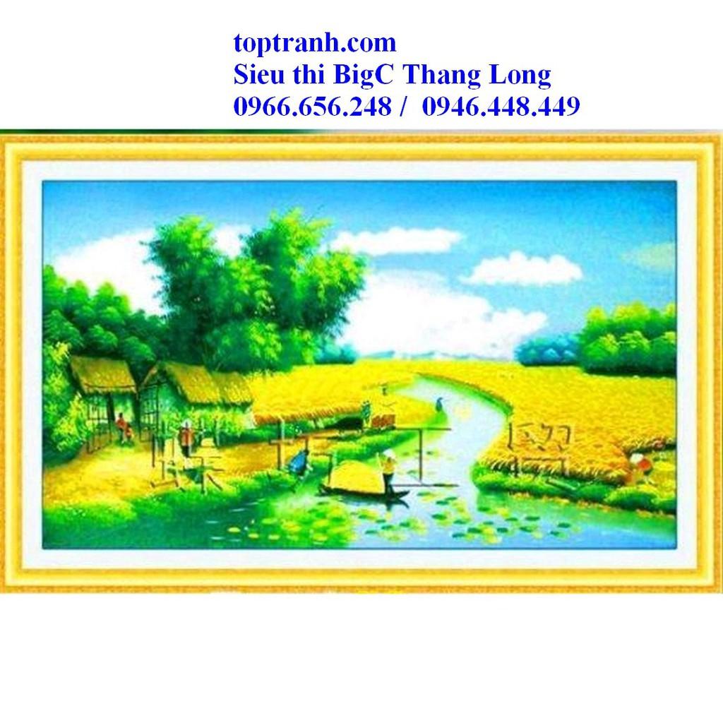 Tranh thêu chữ thập phong cảnh làng quê Việt Nam, cánh đồng lúa vàng 222258