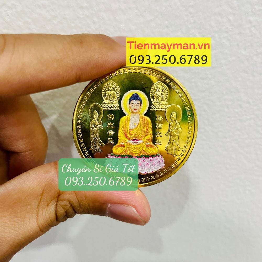 Đồng xu hình Phật A Di Đà Tọa Đài Sen In Màu Phong thủy tài lộc may mắn, tặng túi gấm đỏ - NELI - RƯỚC LỘC XUÂN