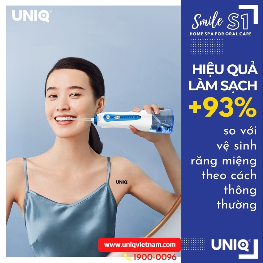 Tăm Nước Cầm Tay UNIQ Smile S1 Nhật Bản Cao Cấp Màu Trắng Xanh Máy Vệ Sinh Răng Miệng Mini Tốt May Tam Nuoc Waterpik Gia Đình Không Dây Xịt Xỉa Rửa Làm Sạch Kẽ Răng Niềng