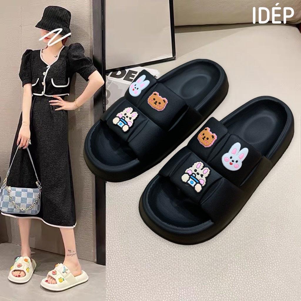 Dép Bánh mì Hình vuông gắn 6 sticker Thỏ cao 4cm nữ quai ngang chất EVA siêu nhẹ iDÉP DL243