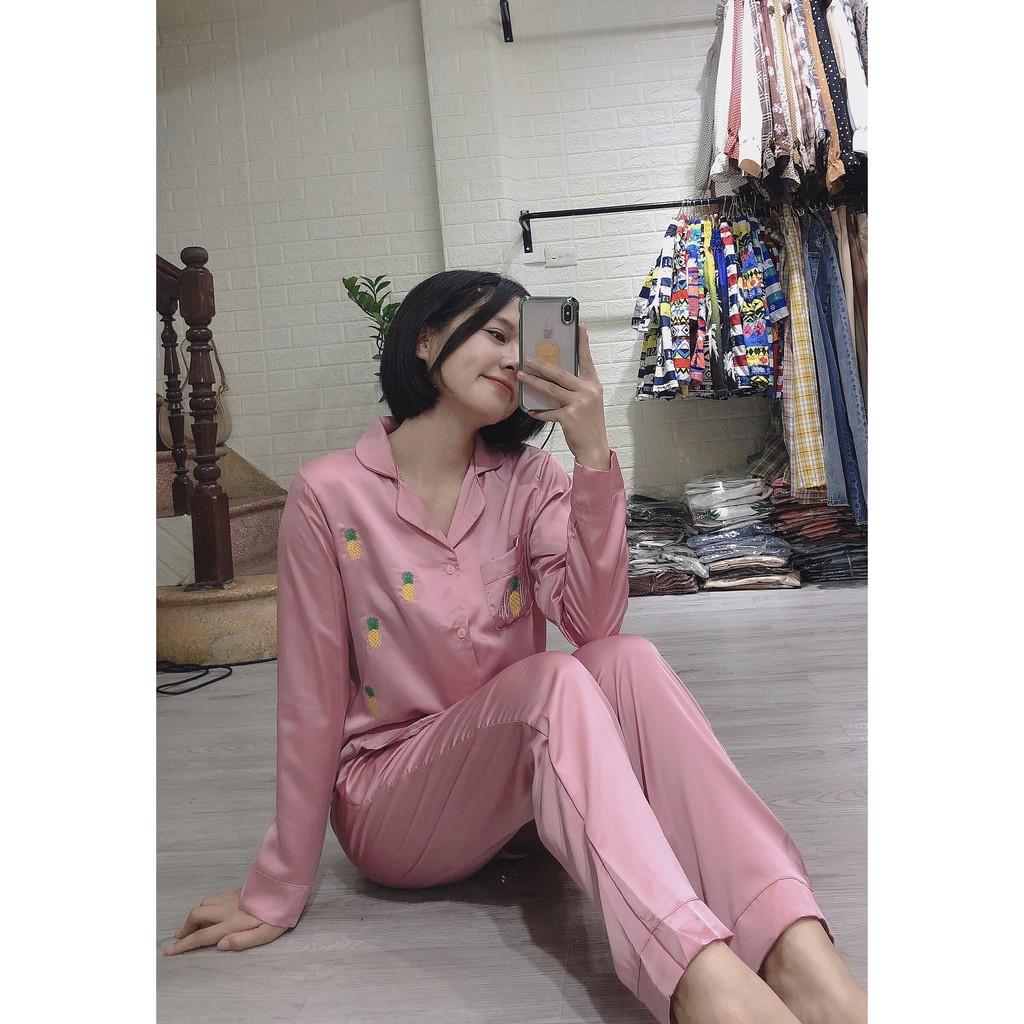 Bộ ngủ lụa Pijama mặc ở nhà họa tiết dứa nhí chất lụa Satin ( Ảnh chụp thật 100%)