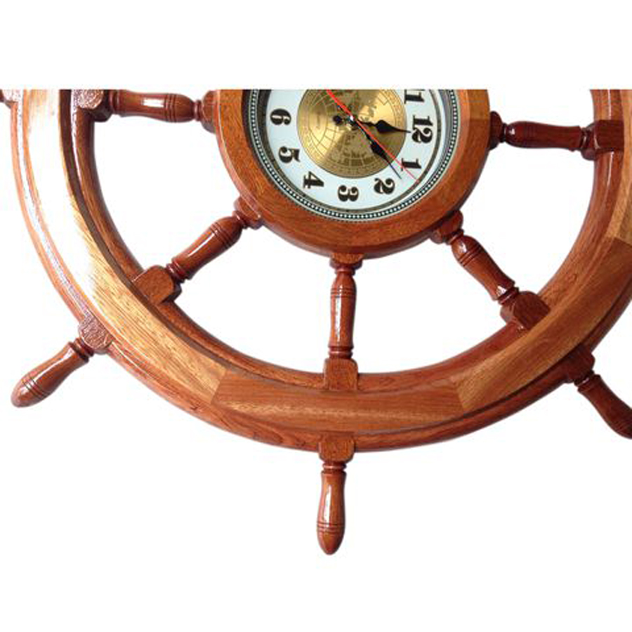 Bánh lái tàu gỗ treo tường - Vô lăng tàu gỗ trang trí Ø80cm - có đồng hồ - Gỗ căm xe