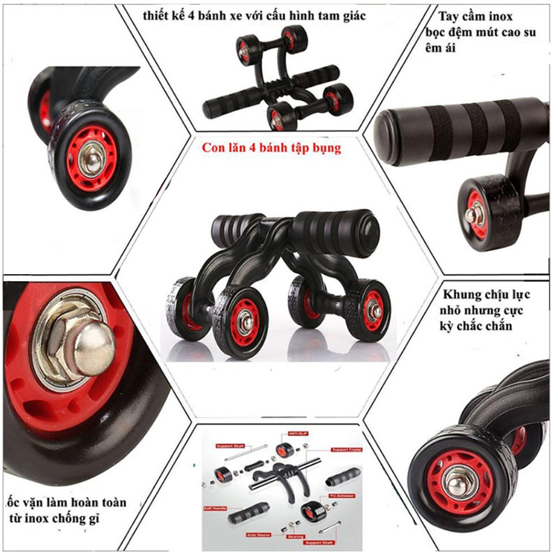 Con Lăn Tập Cơ Bụng 4 Bánh Dụng Cụ Tập Bụng Đa Năng Tại Nhà Hiệu Qủa Tặng Kèm Thảm Lót Gối TT11