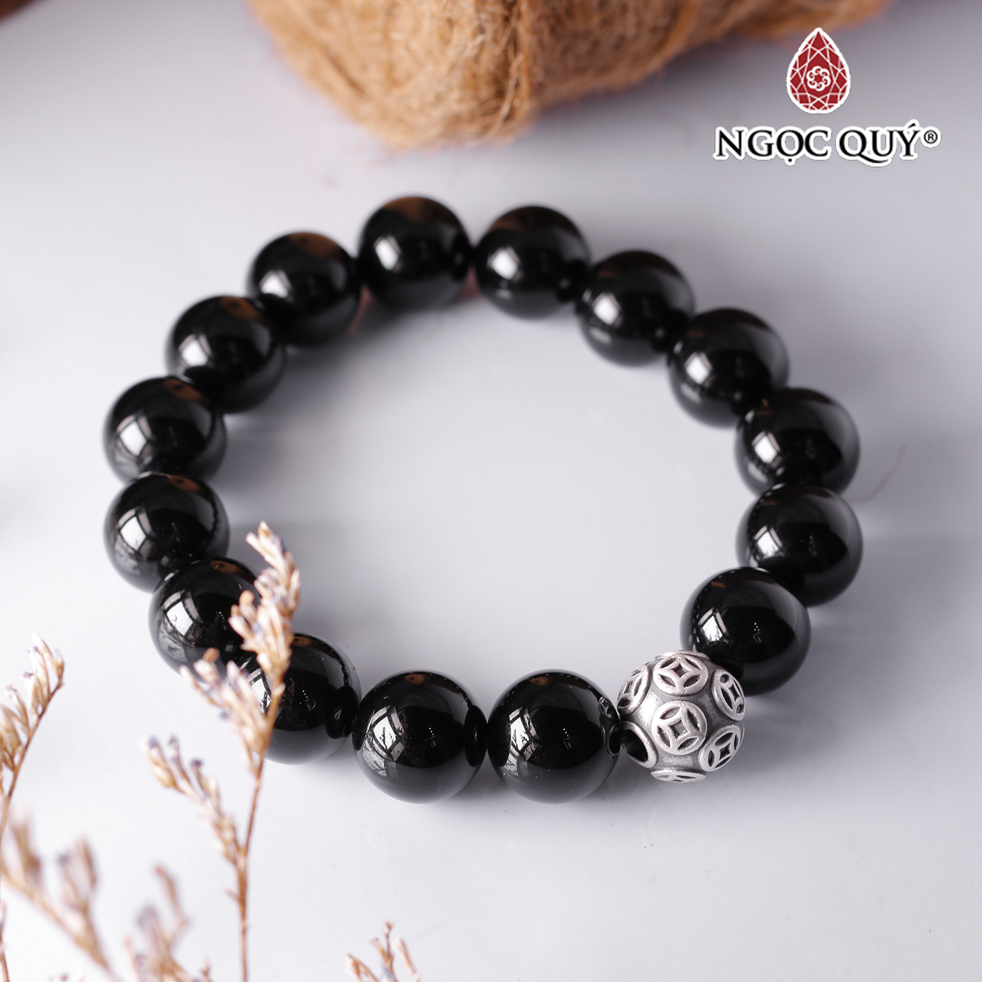 Vòng obsidian 12mm mix charm đồng tiền bạc mệnh thủy, mộc - Ngọc Quý Gemstones