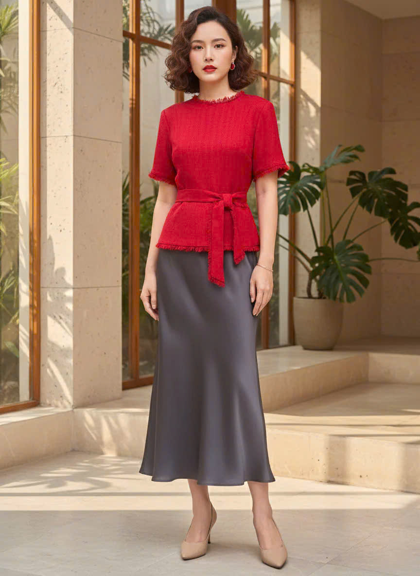 Áo Thắt Eo Peplum Tweed Đỏ Thanh Minh Top242 thời trang thiết kế Hity