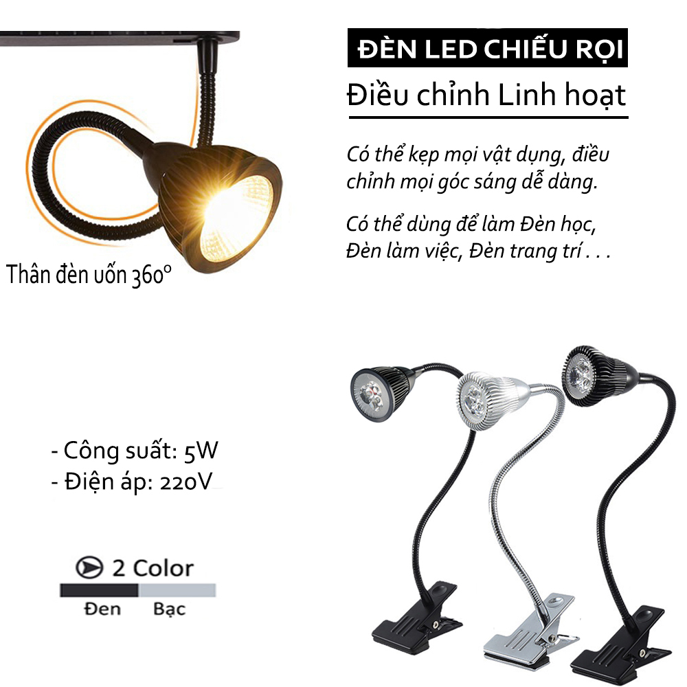 Đèn đọc sách và Làm việc LED 3W-220V, Loại kẹp đa năng, Bóng đèn Led chiếu rọi