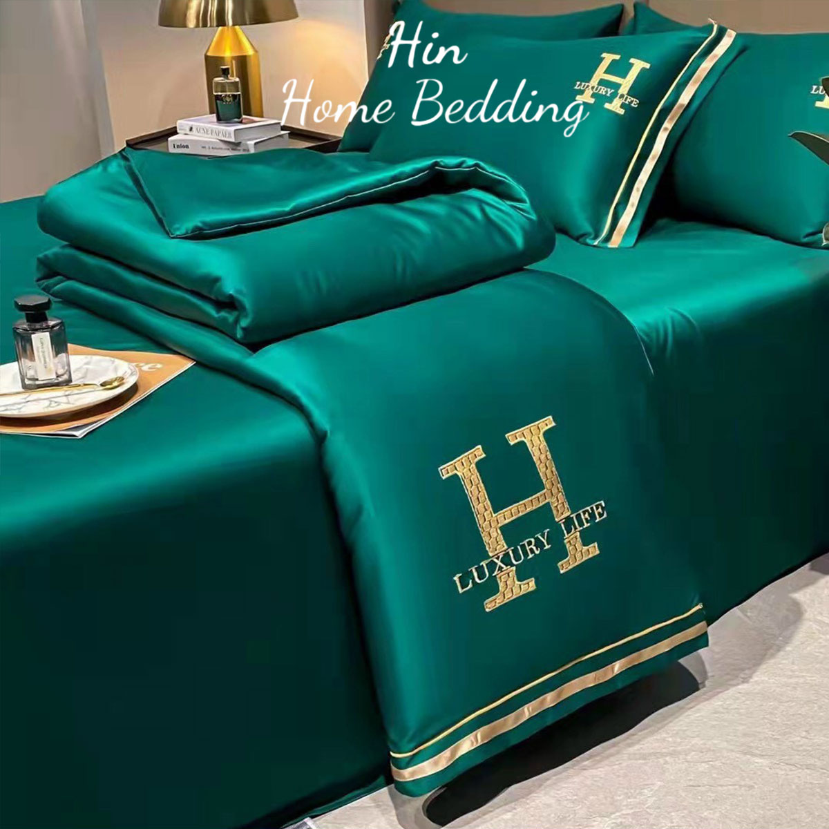 Bộ Chăn Ga Gối Đệm 5 Món Chăn Phao Lụa Thái Hin Home Bedding Drap Giường Lụa Mẫu Xanh Lá