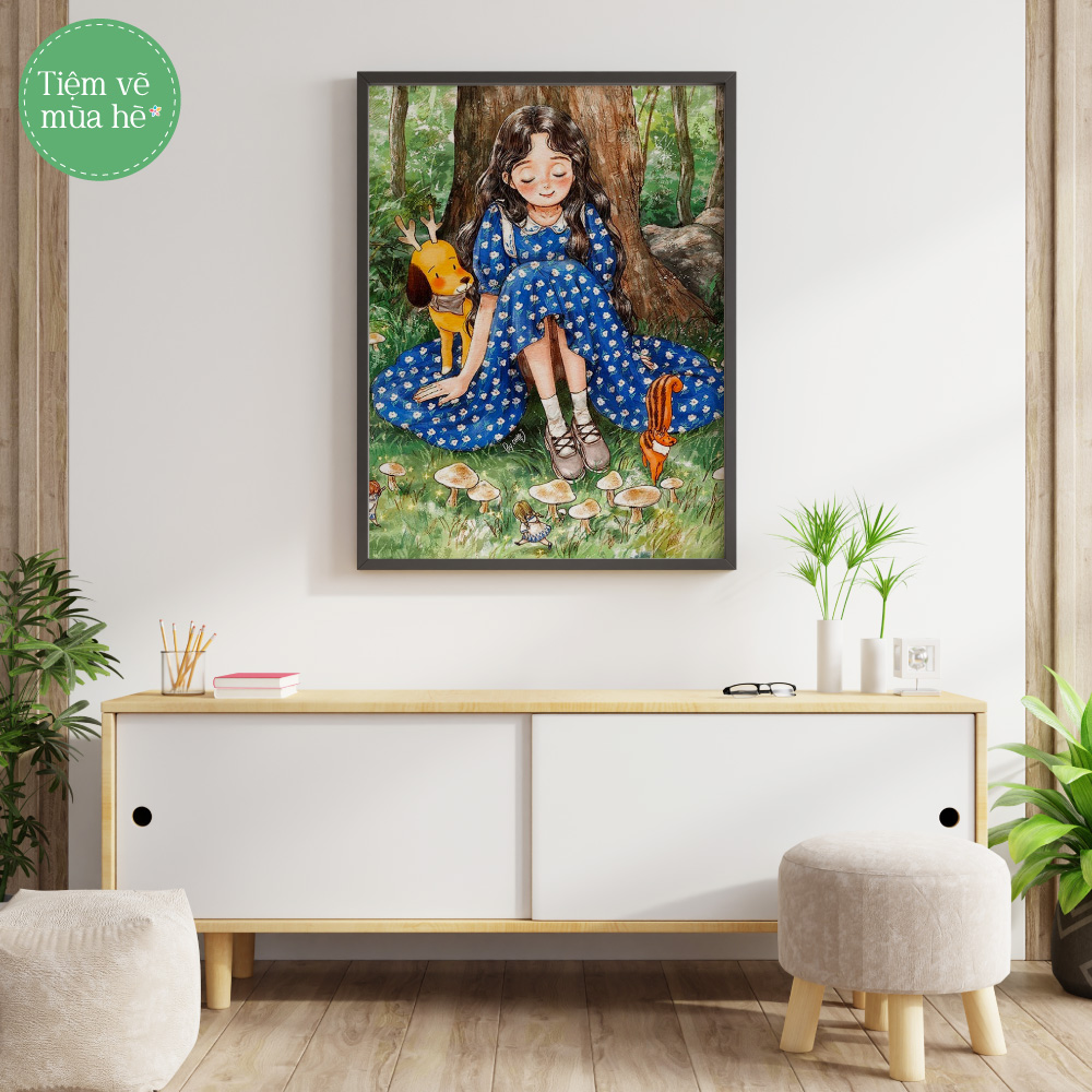 Tranh số hóa  - Cô gái đầm hoa đã căng khung 40x50cm 27 màu