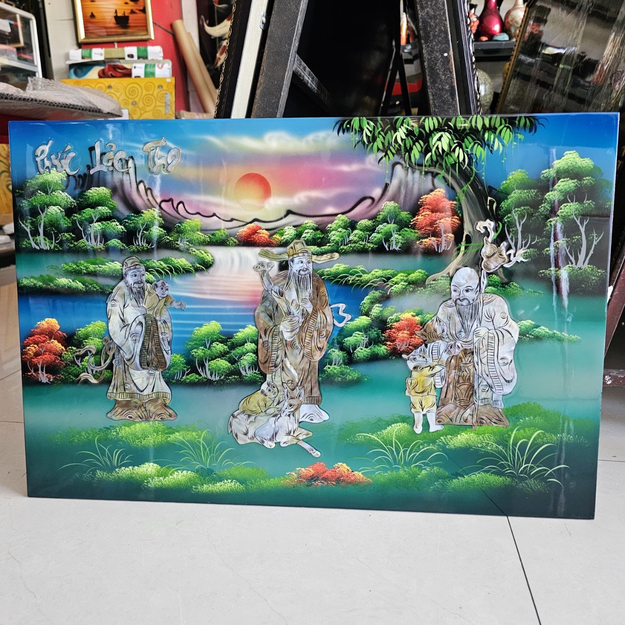 Tranh sơn mài Phúc Lộc Thọ cẩn ốc hàng xuất khẩu 40x60 cm trang trí nhà cửa, quà tặng tân gia, chúc Thọ ý nghĩa