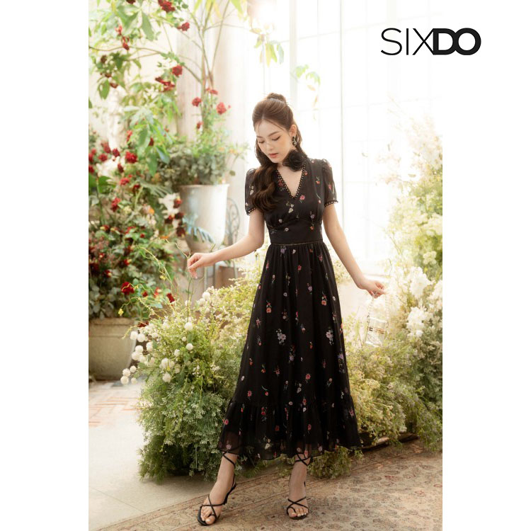 Đầm hoa midi cổ V thời trang SIXDO