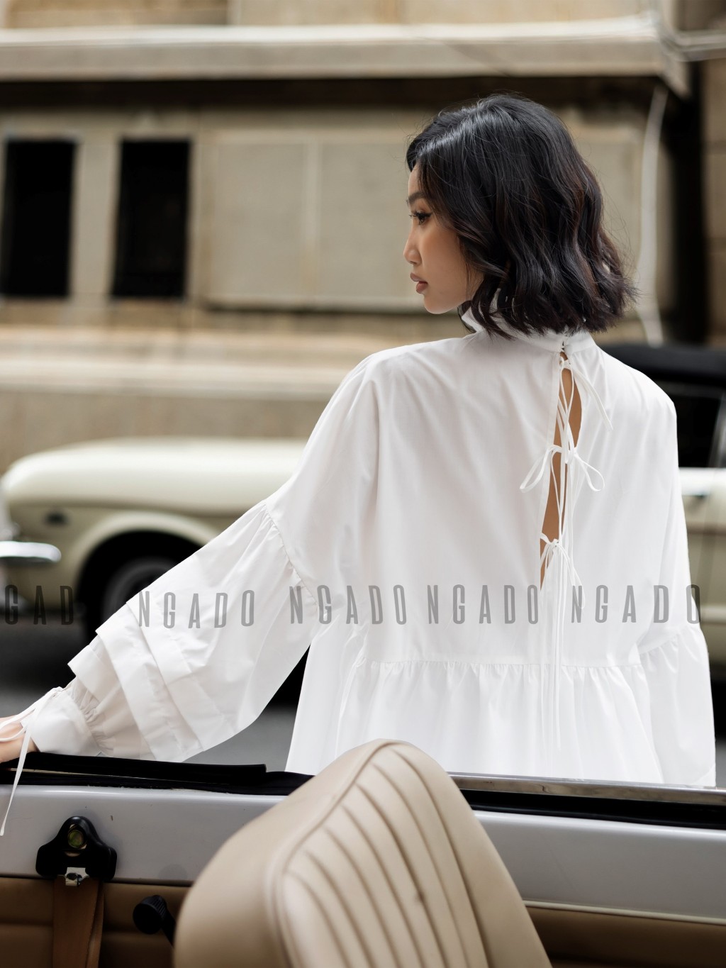 Áo babydoll trắng NGADO , Áo kiểu nữ , Áo tay phồng cột nơ