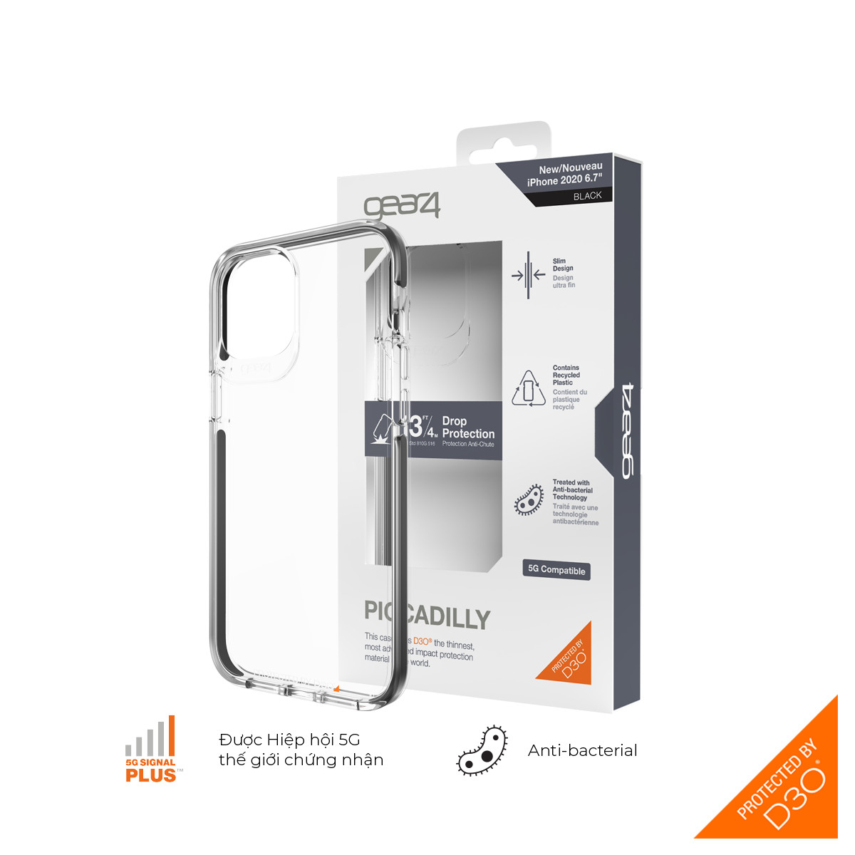 Ốp lưng Gear4 Piccadilly iPhone - Công nghệ chống sốc độc quyền D3O, kháng khuẩn, tương thích tốt với sóng 5G - Hàng chính hãng - Black - iPhone 12 Pro Max
