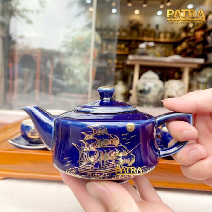 Bộ ấm chén uống trà cao cấp , bộ ấm trà Bát Tràng - thuận buồm xuôi gió xanh coban