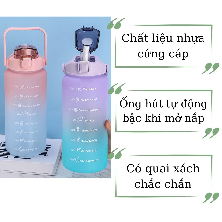 Bình Nước Nhựa 2 Lít Có Chia Vạch Có Ống Hút Nắp Đậy Dễ Thương, Bình Nước Thể Thao