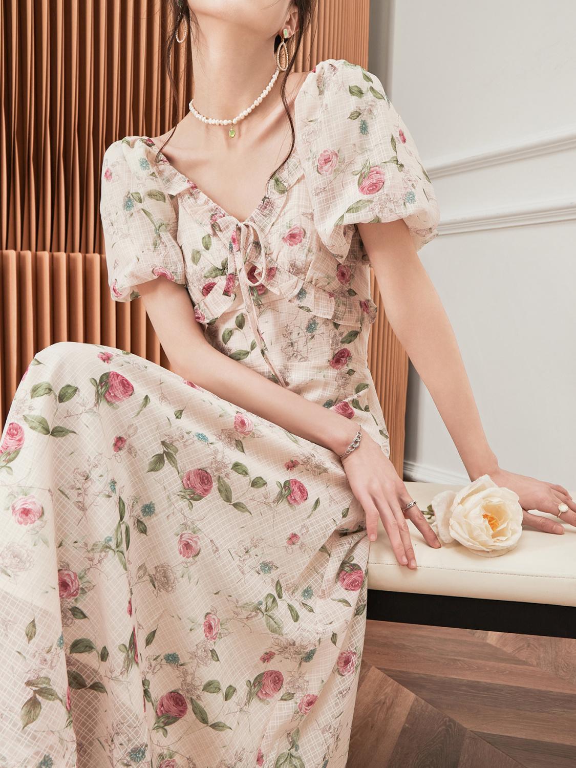 TOBE1SHOP Hiện tại giây phát trà nghỉ kiểu Pháp váy mùa hè khí chất nhỏ nhắn hoa v cổ siêu tiên tuyệt đẹp váy dài nữ