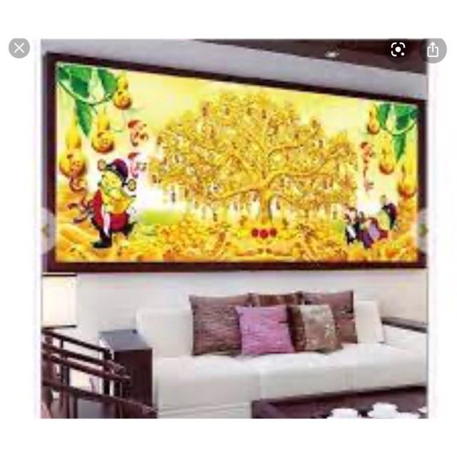 Tranh thêu chữ thập cây tiền 3D kt 92x47 cm- THÊU KÍN kt 130x65 cm