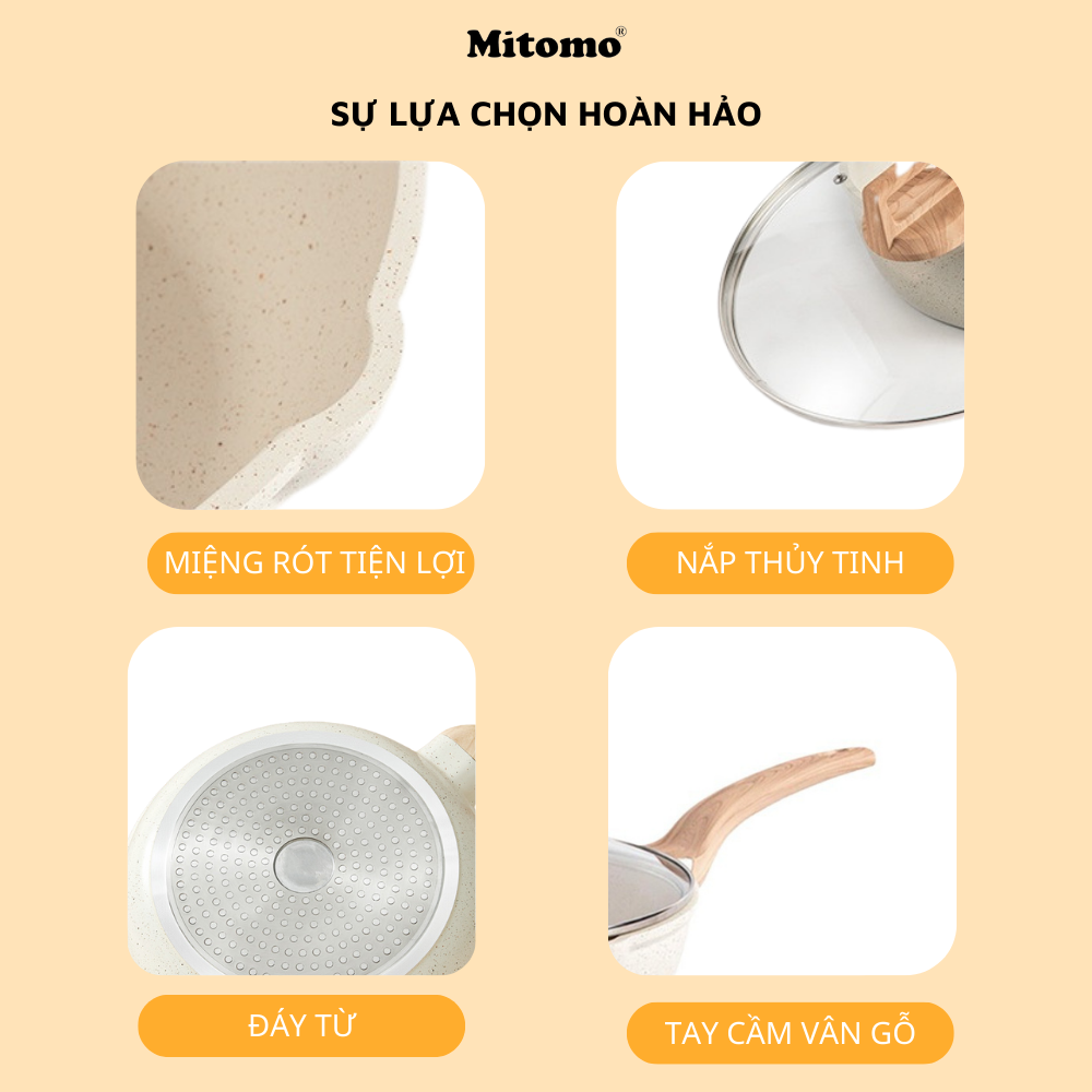 Set nồi chảo 4 món tráng đá chống dính Mitomo Granite có nắp đậy nấu ăn tiện dụng phù hợp với mọi loại bếp