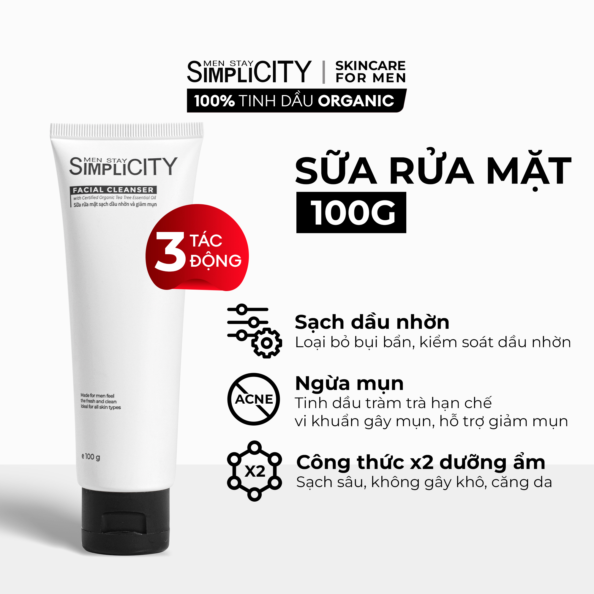 Bộ sản phẩm Men Stay Simplicity chăm sóc da dầu mụn cho nam Acne Relief Skincare Trio: Sữa rửa mặt 100g x Serum 30ml x Kem dưỡng ẩm 80g